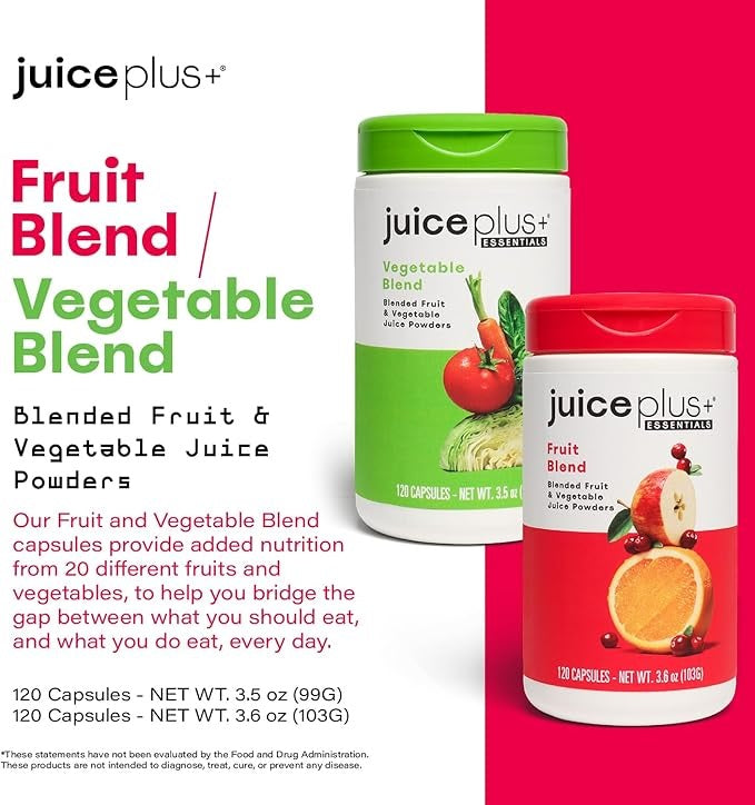 JuicePlus+ Fruit and Vegetable Blend: for Solid Nutritional Foundation - Boost Family's Health with 20 Fruits & Veggies Plus Plant Nutrients - Prepacked 2 Bottles (60 Servings of Fruit, 60 of Veg)